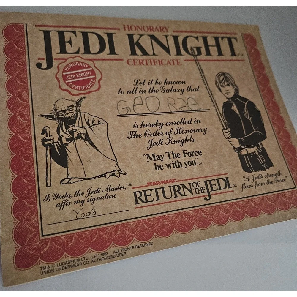 1983 JEDI KNIGHT CARDBOARD HONORARY CERTIFICATE , YODA AND LUKE